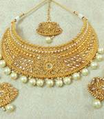 Lalso Designer Gold Plated Kundan LCT Stone Pearl Drops Bridal Choker Necklace Earring Maangtikka Jewelry Set-LCN37_LCT
