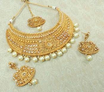 Lalso Designer Gold Plated Kundan LCT Stone Pearl Drops Bridal Choker Necklace Earring Maangtikka Jewelry Set-LCN37_LCT 2