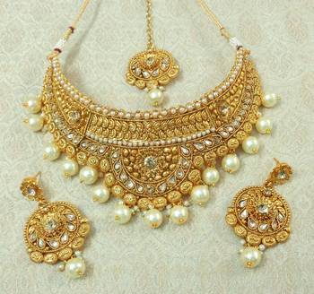 Lalso Designer Gold Plated Kundan LCT Stone Pearl Drops Bridal Choker Necklace Earring Maangtikka Jewelry Set-LCN38_LCT 1