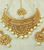 Lalso Designer Gold Plated Kundan LCT Stone Pearl Drops Bridal Choker Necklace Earring Maangtikka Jewelry Set-LCN38_LCT
