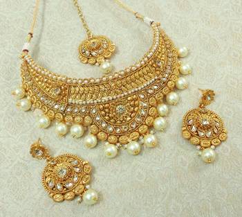Lalso Designer Gold Plated Kundan LCT Stone Pearl Drops Bridal Choker Necklace Earring Maangtikka Jewelry Set-LCN38_LCT 2