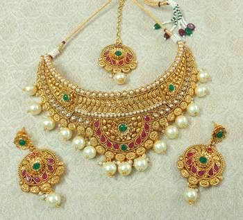 Lalso Designer Gold Plated Kundan Multicolour Stone Pearl Bridal Choker Necklace Earring Maangtikka Jewelry Set-LCN38_MG 1