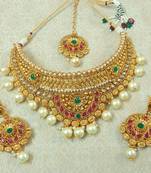 Lalso Designer Gold Plated Kundan Multicolour Stone Pearl Bridal Choker Necklace Earring Maangtikka Jewelry Set-LCN38_MG