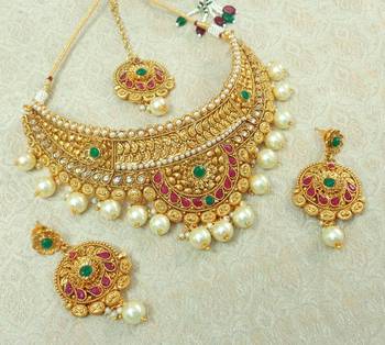 Lalso Designer Gold Plated Kundan Multicolour Stone Pearl Bridal Choker Necklace Earring Maangtikka Jewelry Set-LCN38_MG 2