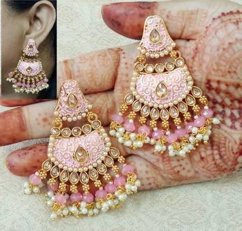 Lalso Designer Baby Pink Meenakari Pearl Chandbali Earrings - LME15_BP 1