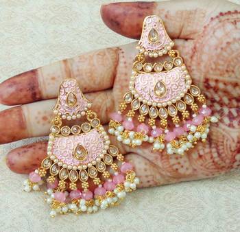 Lalso Designer Baby Pink Meenakari Pearl Chandbali Earrings - LME15_BP 2