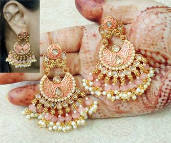 Lalso Designer Peach Meenakari Pearl Chandbali Earrings - LME16_PH 1