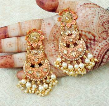 Lalso Designer Peach Meenakari Pearl Chandbali Earrings - LME18_PH 2