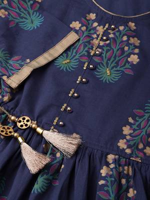 Navy-blue printed cotton long-kurtis 5