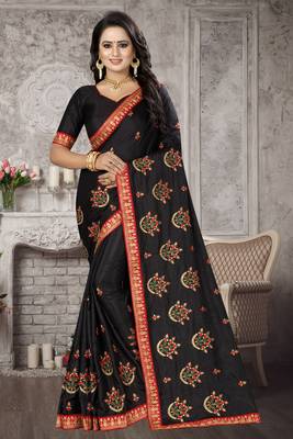 Black embroidered silk blend saree with blouse 1