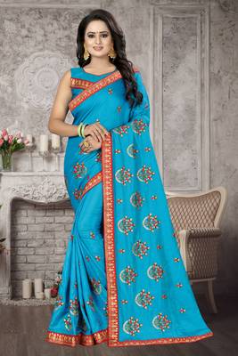 Blue embroidered silk blend saree with blouse 1