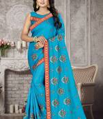 Blue embroidered silk blend saree with blouse