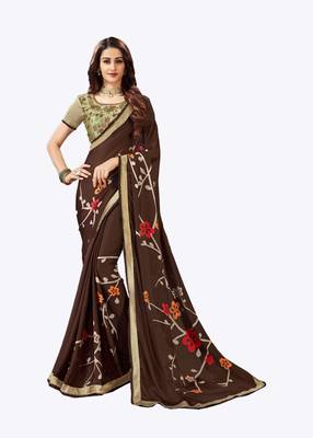Brown printed georgette saree with blouse 1