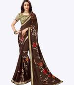 Brown printed georgette saree with blouse