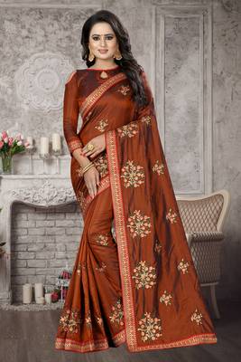 Brown embroidered silk blend saree with blouse 1