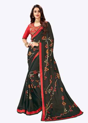 Dark green printed georgette saree with blouse 1