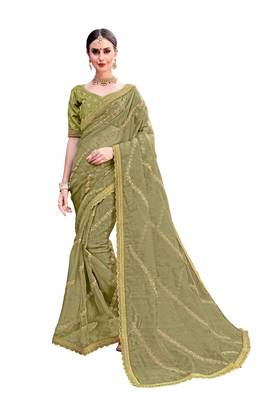 Olive woven organza saree with blouse 1
