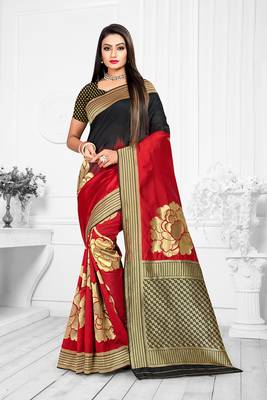 Red woven art silk saree with blouse 1