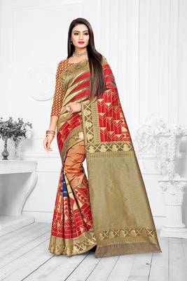 Red woven art silk saree with blouse 1