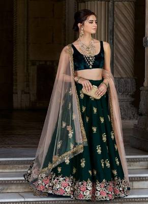 Dark-Green Embroidered Velvet Semi Stitched Lehenga 1