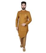 Yellow plain pure raw silk sherwani
