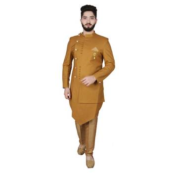 Yellow plain pure raw silk sherwani 2