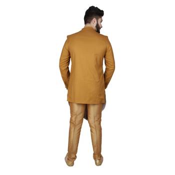 Yellow plain pure raw silk sherwani 3