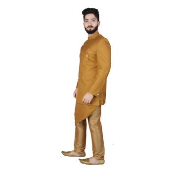 Yellow plain pure raw silk sherwani 4