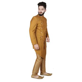 Yellow plain pure raw silk sherwani 5