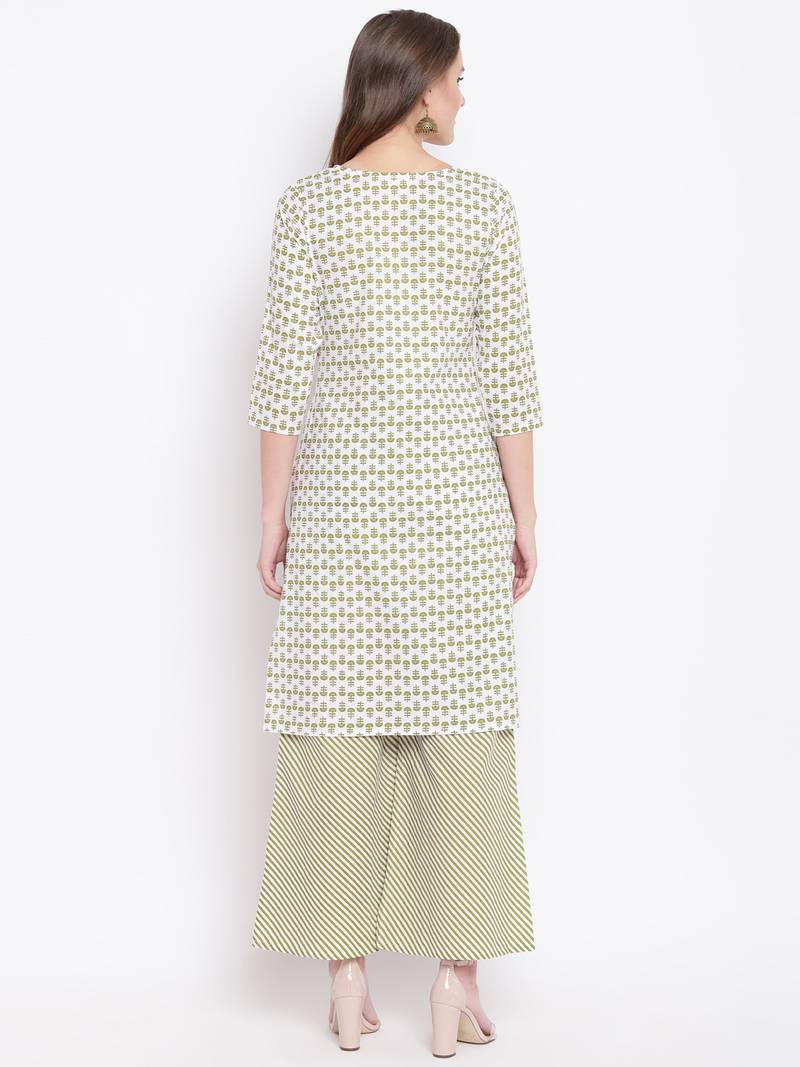 Green Floral Print Cotton Blend Kurta Palazzo Set