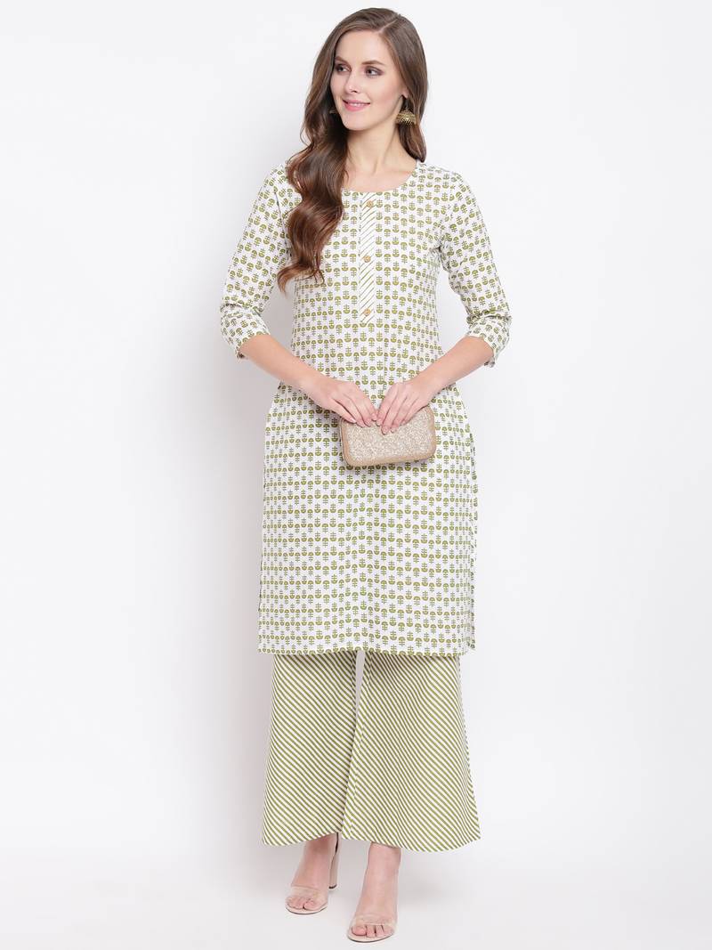 Green Floral Print Cotton Blend Kurta Palazzo Set