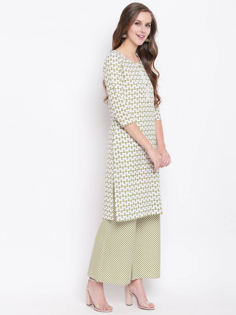 Green Floral Print Cotton Blend Kurta Palazzo Set