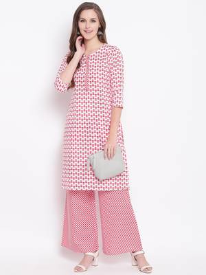 Red Floral Print Cotton Blend Kurta Palazzo Set 1