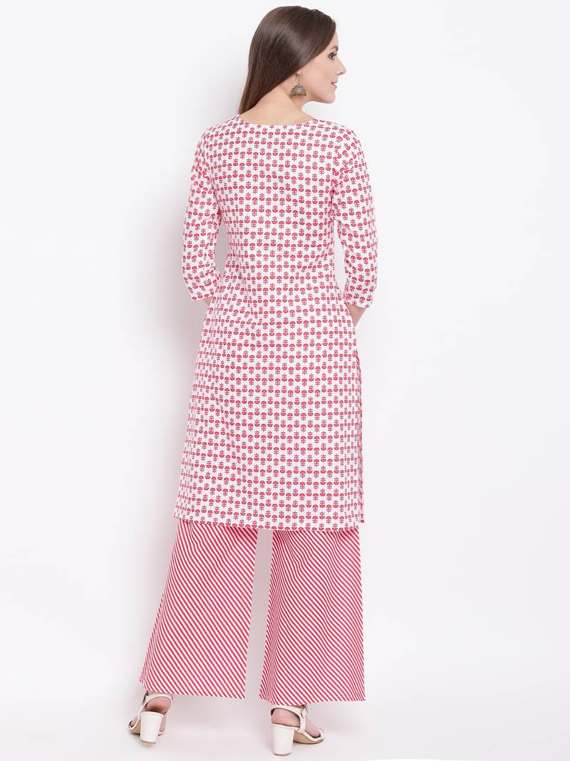 Red Floral Print Cotton Blend Kurta Palazzo Set