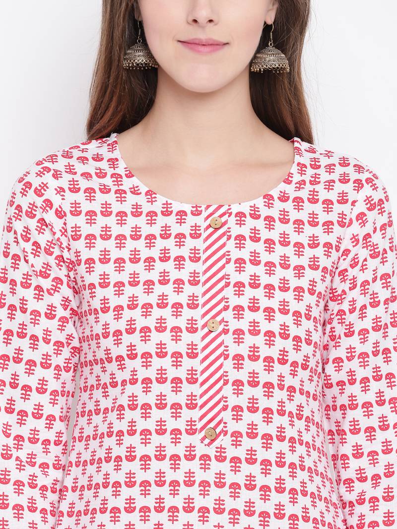 Red Floral Print Cotton Blend Kurta Palazzo Set