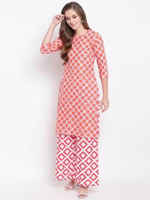 Orange Geometric Print Cotton Blend Kurta Palazzo Set 1