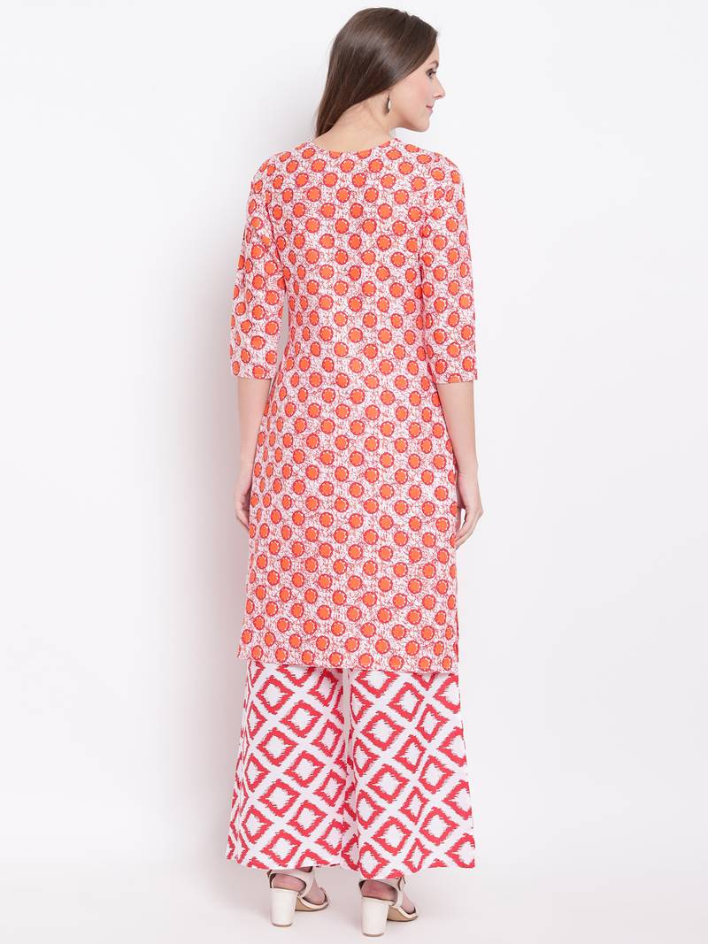 Orange Geometric Print Cotton Blend Kurta Palazzo Set