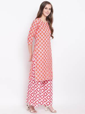 Orange Geometric Print Cotton Blend Kurta Palazzo Set 3