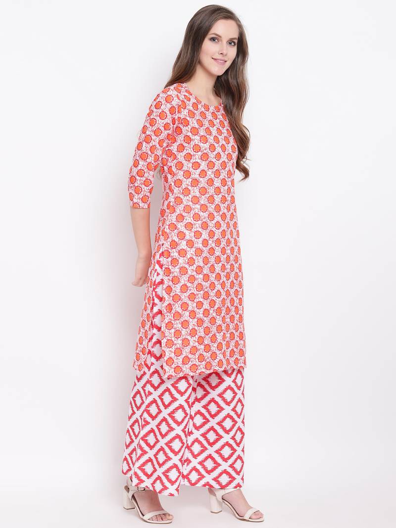 Orange Geometric Print Cotton Blend Kurta Palazzo Set