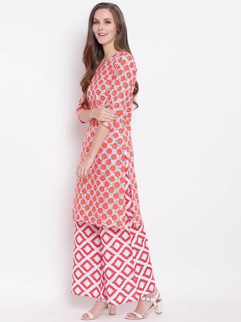 Orange Geometric Print Cotton Blend Kurta Palazzo Set