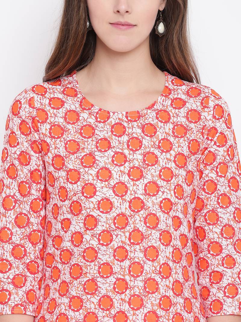 Orange Geometric Print Cotton Blend Kurta Palazzo Set