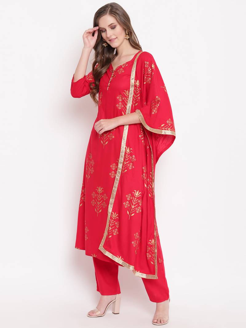 Red blockked set ethnic-kurtis rayon pink