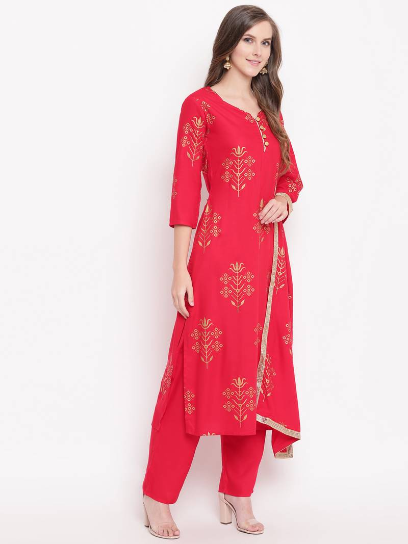 Red blockked set ethnic-kurtis rayon pink