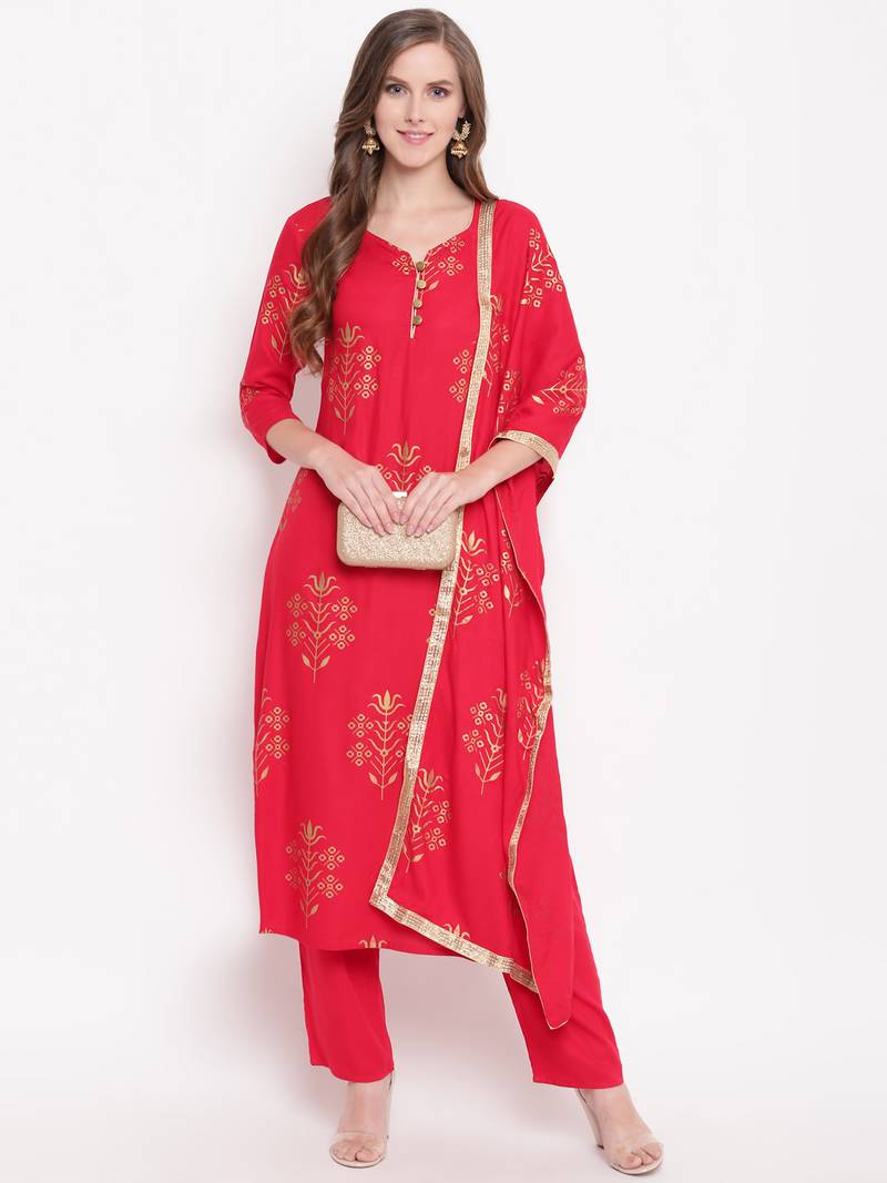 Red blockked set ethnic-kurtis rayon pink
