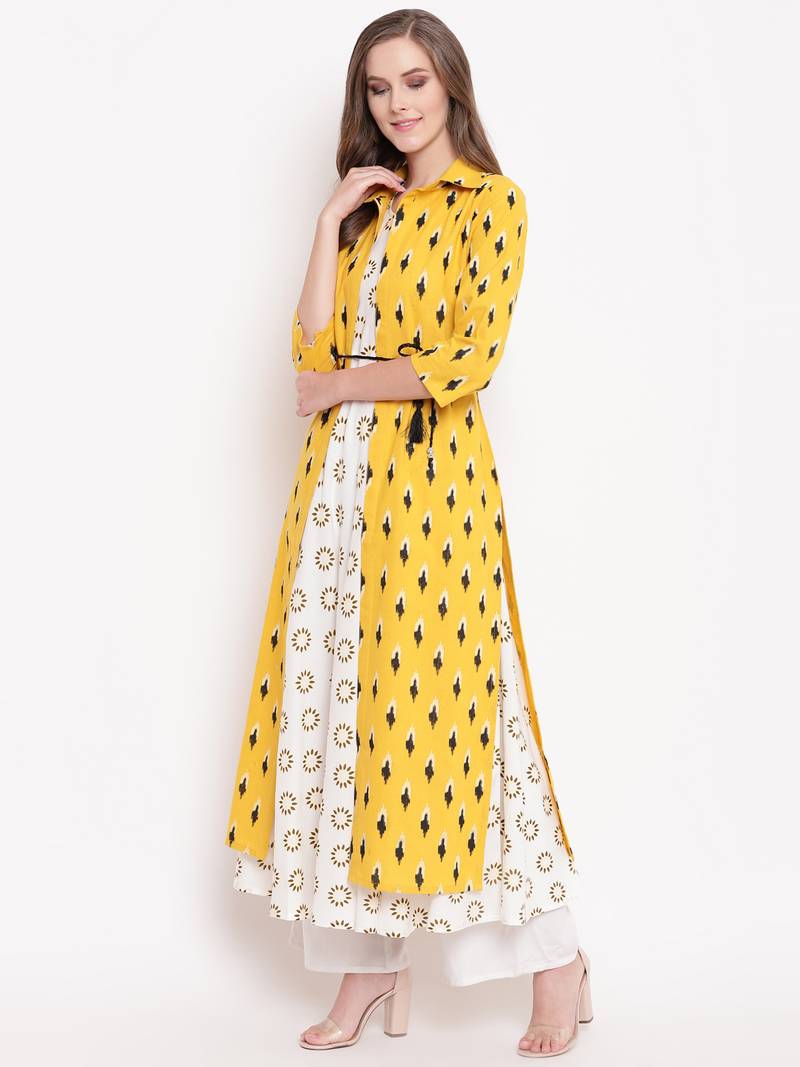 yellow ikath jacket ethnic-kurtis cotton cream