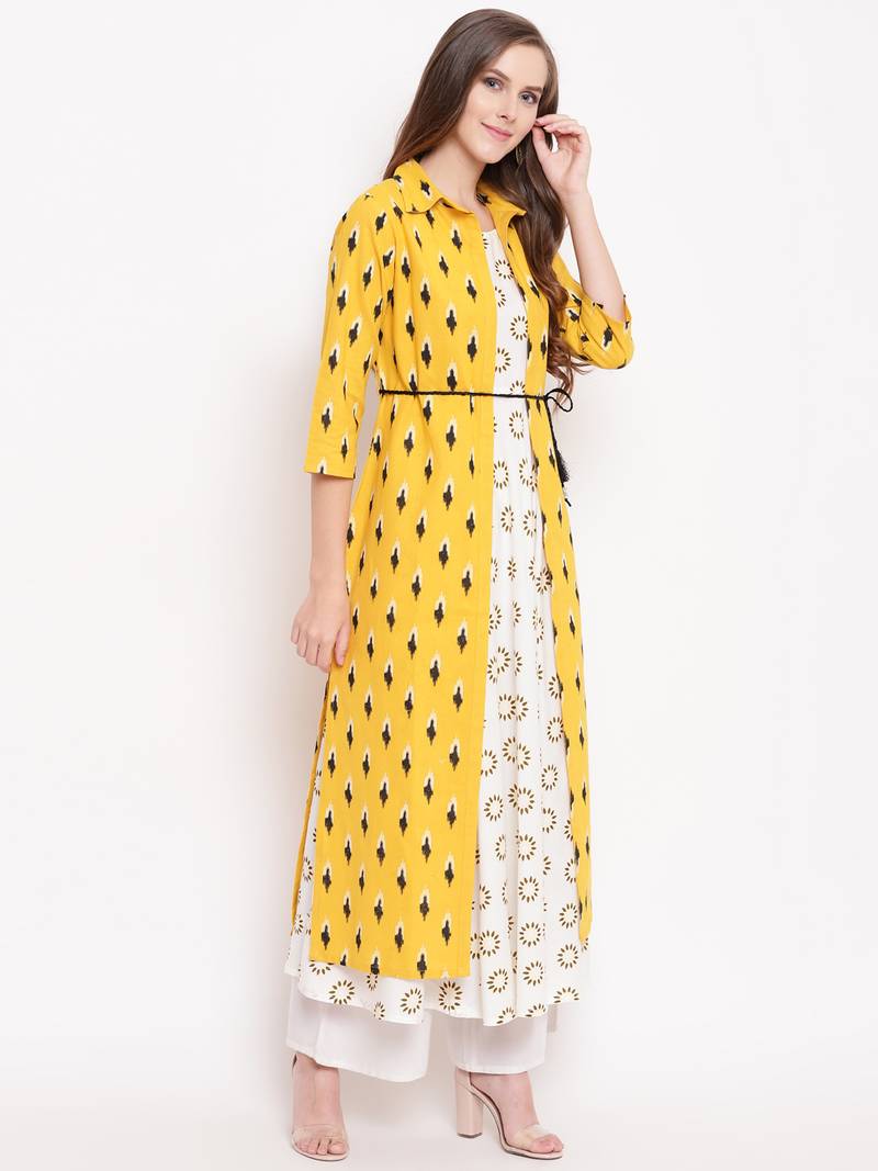 yellow ikath jacket ethnickurtis cotton cream Stylum 3093718