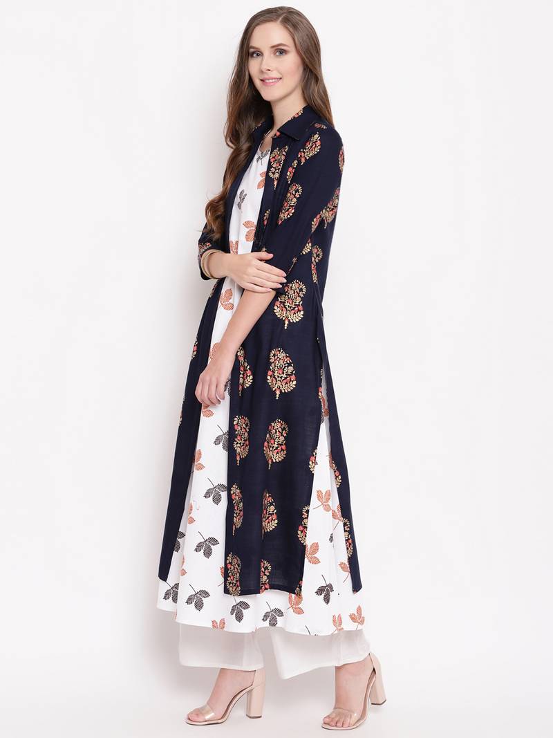 Blue block jacket ethnic-kurtis cotton white