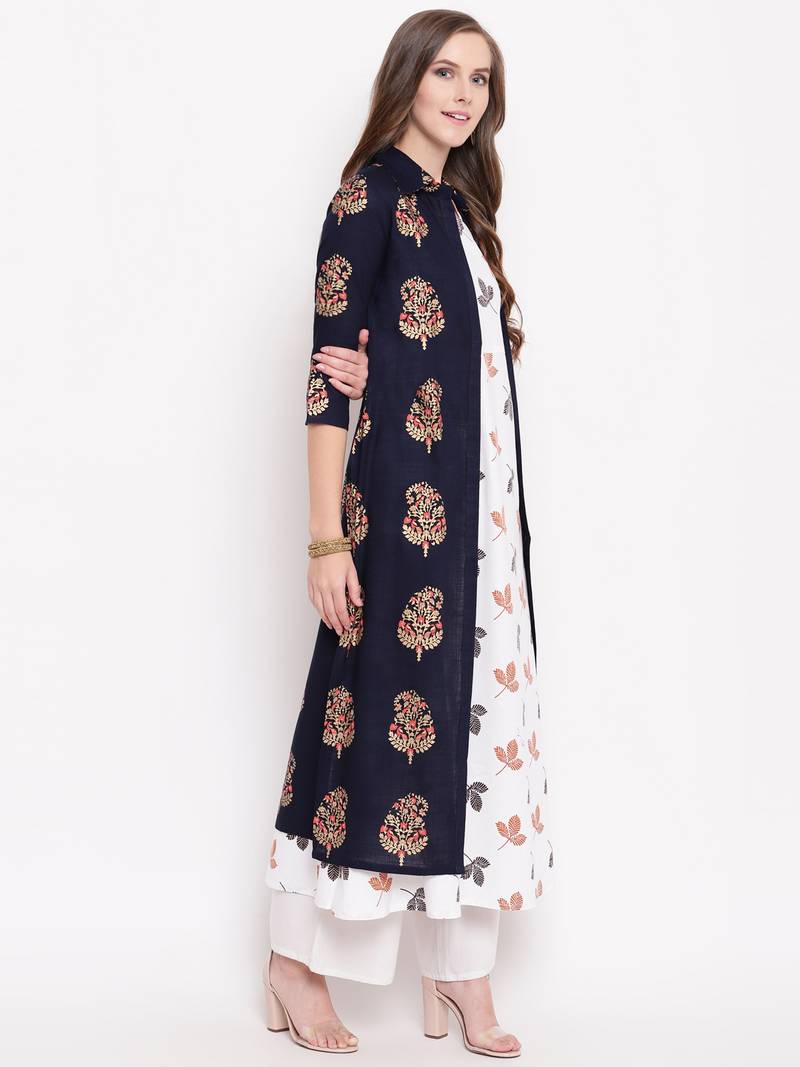 Blue block jacket ethnic-kurtis cotton white