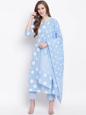 Blue Geometric Print Cotton Kurta Palazzo Dupatta Set 1