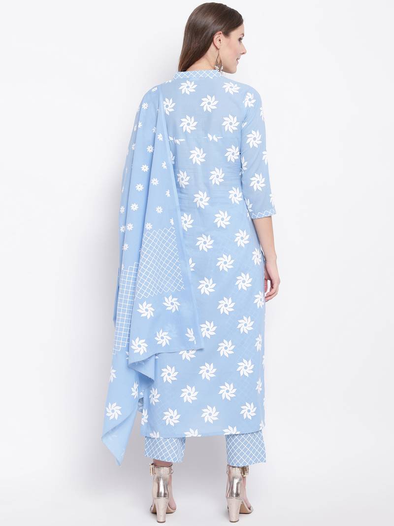 Blue Geometric Print Cotton Kurta Palazzo Dupatta Set